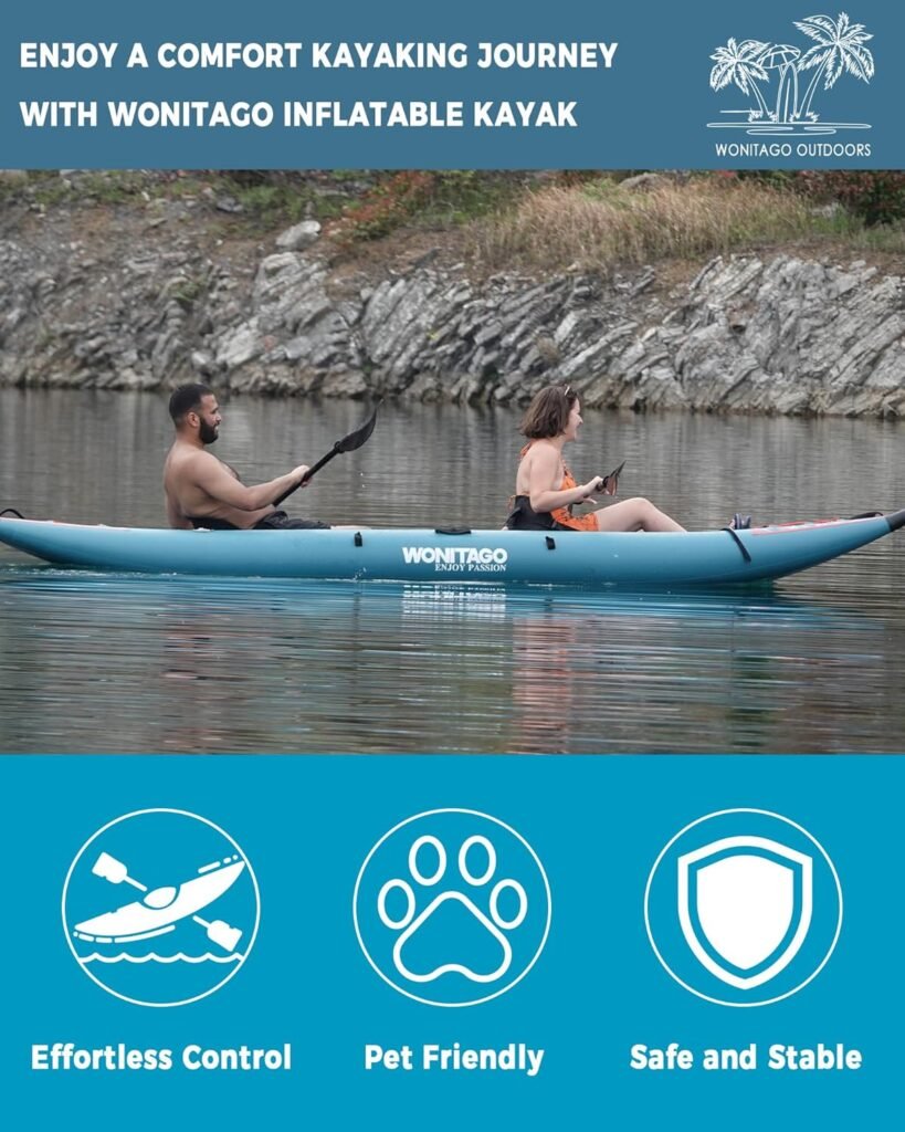 WONITAGO inflatable kayak with soft seat and footrest