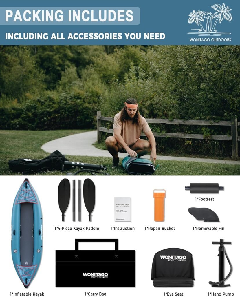 WONITAGO portable inflatable kayak with removable fin and hand pump