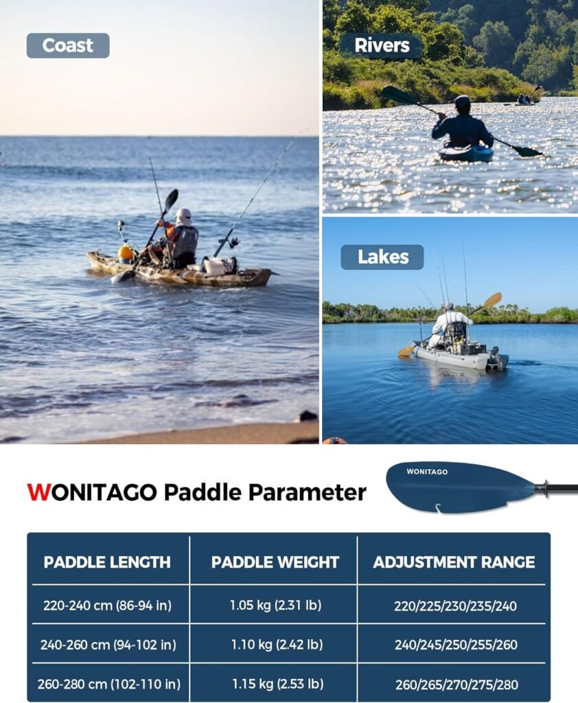WONITAGO angler kayak paddles with fiberglass shafts size
